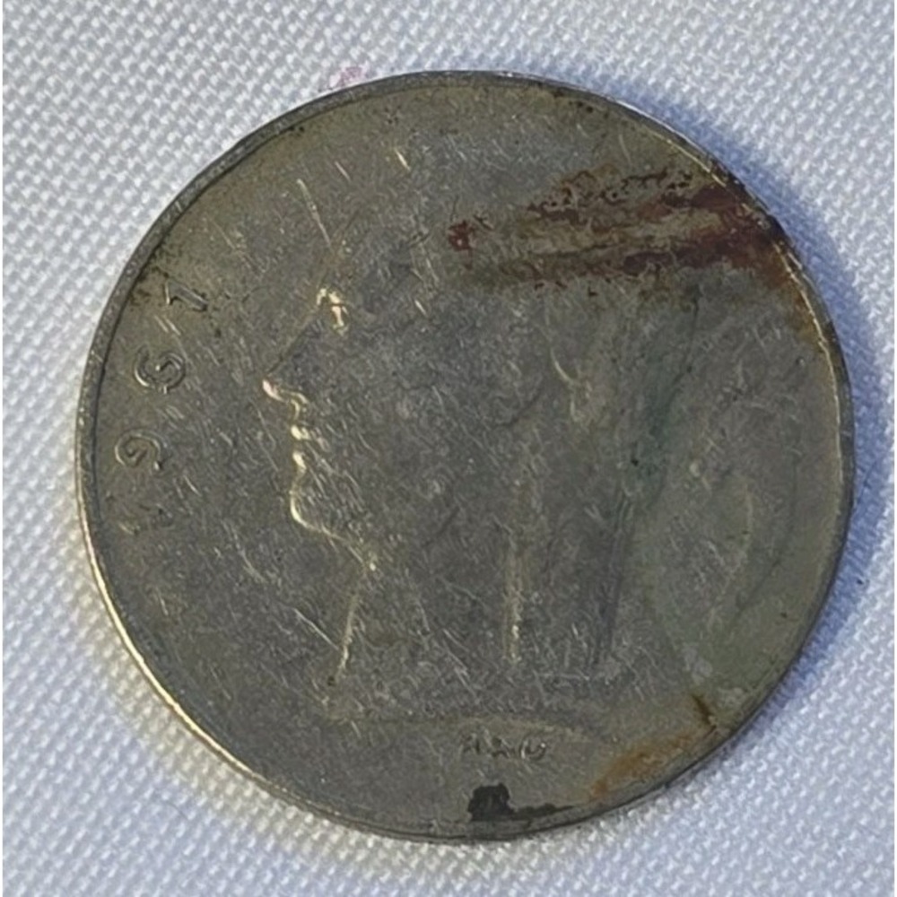 1961-1 Belgian Franc coin featuring the profile of King Baudouin I